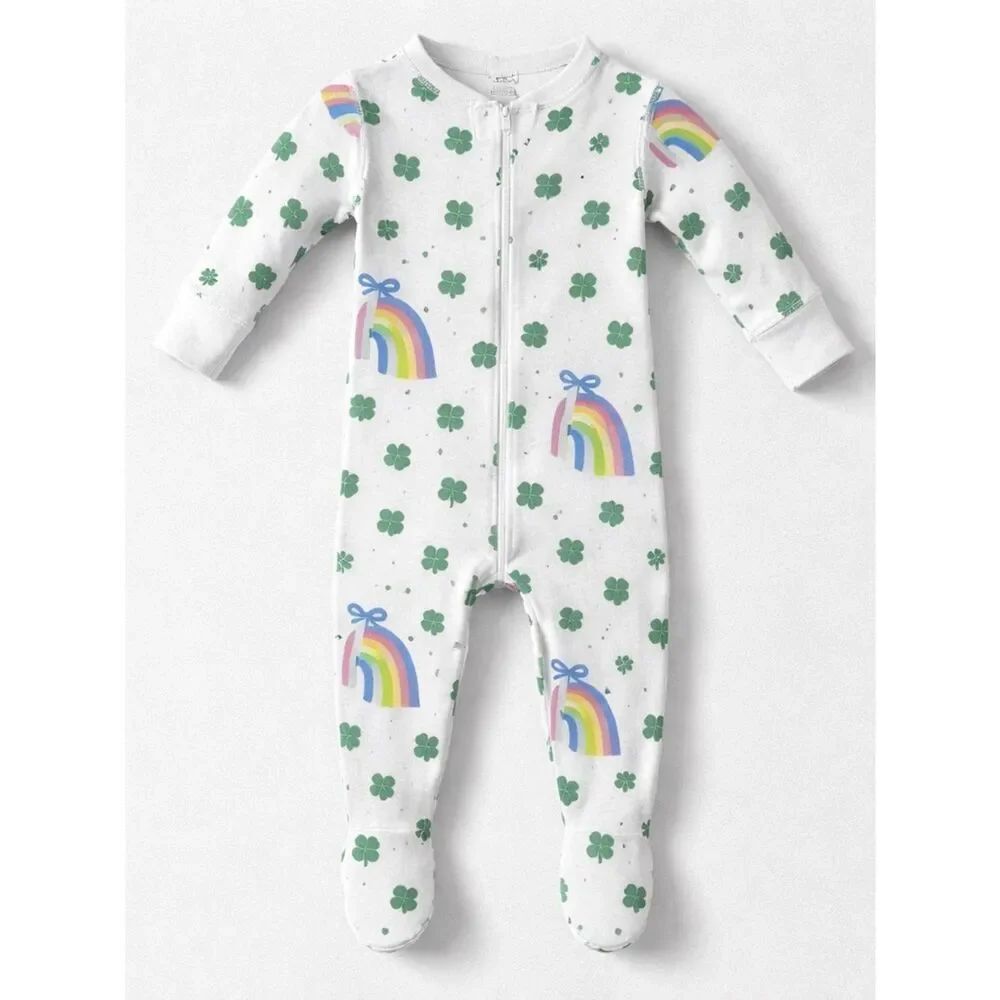 The Beaufort Bonnet Company shamrock bows and rainbows print footie NWOT o/3 m